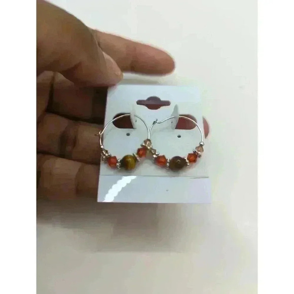 Handmade Red Beaded Dangle Earrings Metallic Hoop Style Womens Set Of 2 Pairs - Picture 5 of 5